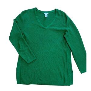 J. Jill Slit Side Waffle Knit Long Sleeve Lightweight Sweater Hunter Green Sz Sm